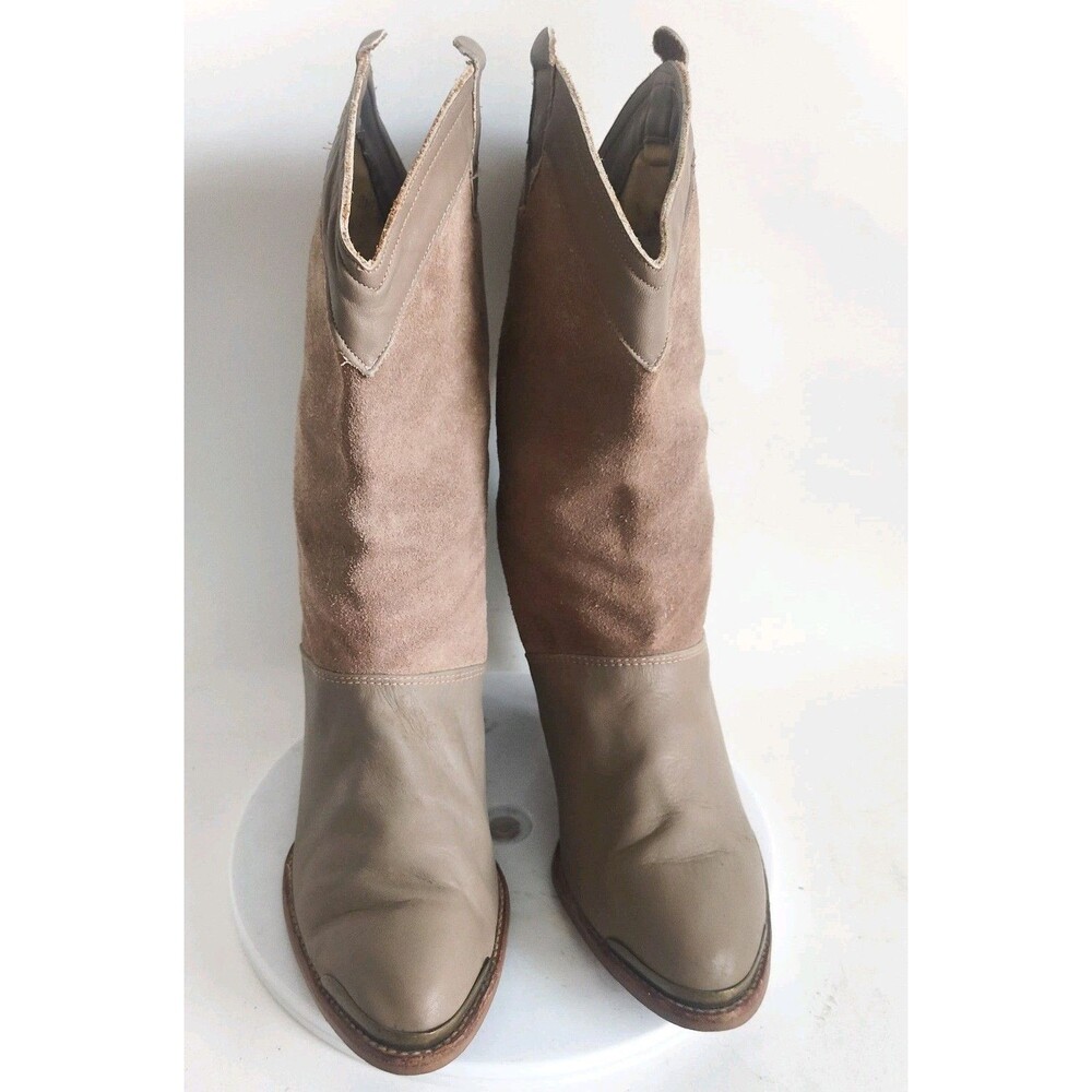 Vintage Neutral Suede Leather Pull On Boho Ankle Boots Size 6.5 Western Mid-Calf - Picture 5 of 11